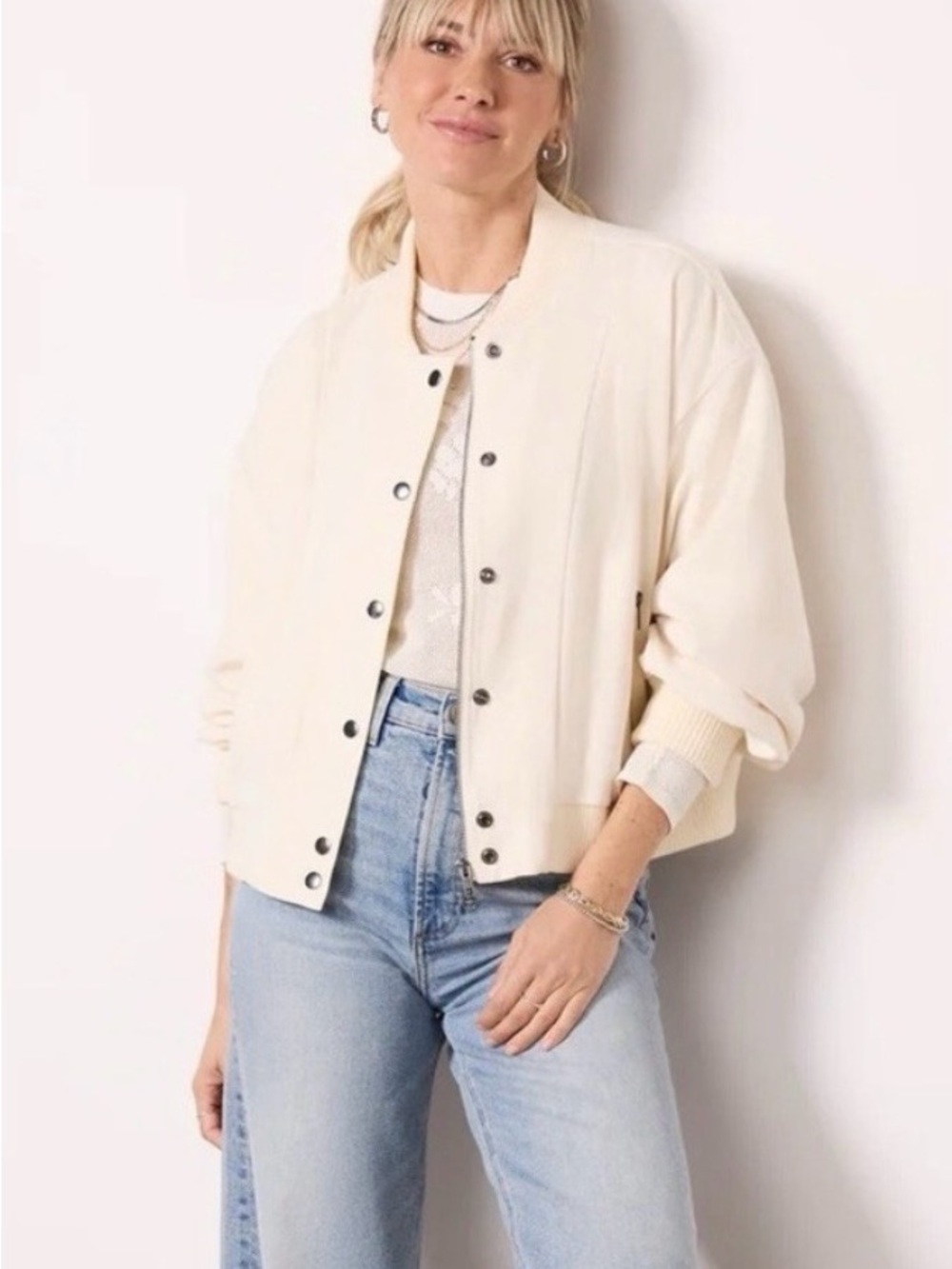 Evereve Cream Snap-Front Bomber Jacket